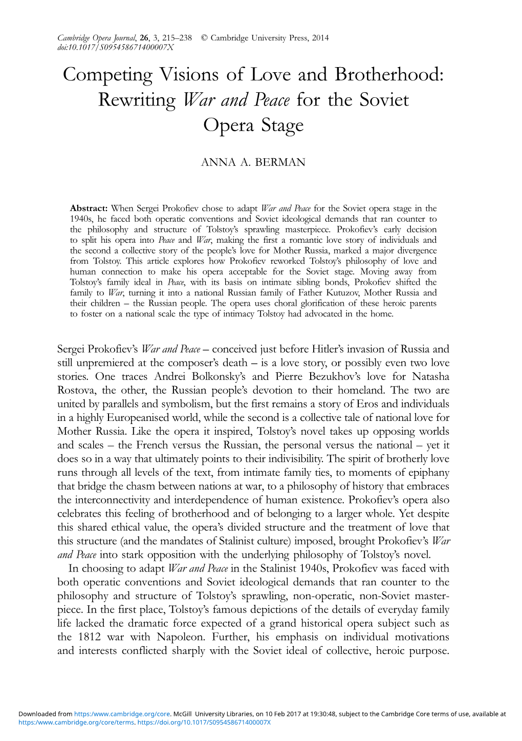 Competing Visions of Love and Brotherhood: Rewriting War and Peace for the Soviet Opera Stage