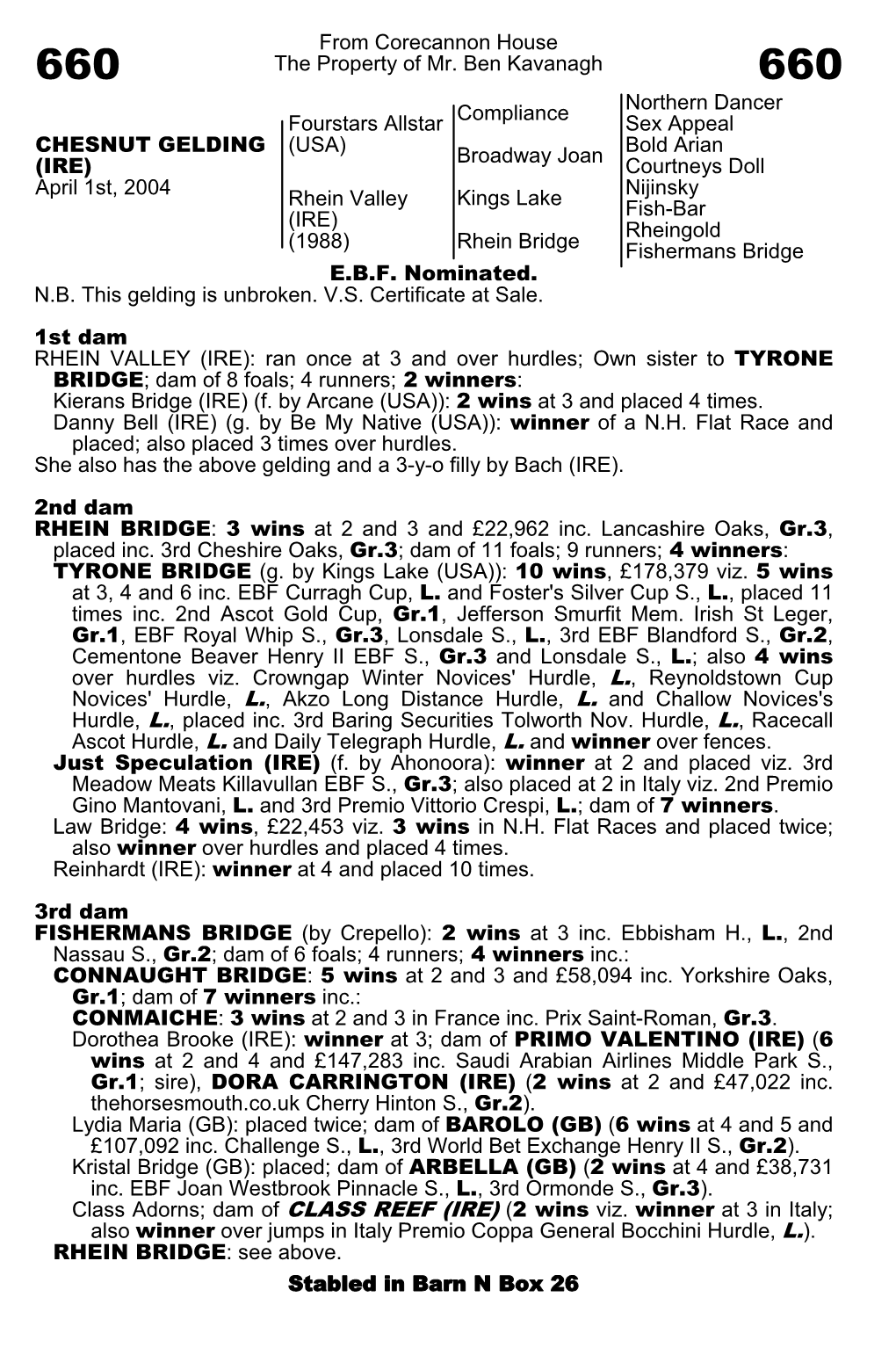 From Corecannon House the Property of Mr. Ben Kavanagh Compliance Northern Dancer Sex Appeal Fourstars Allstar