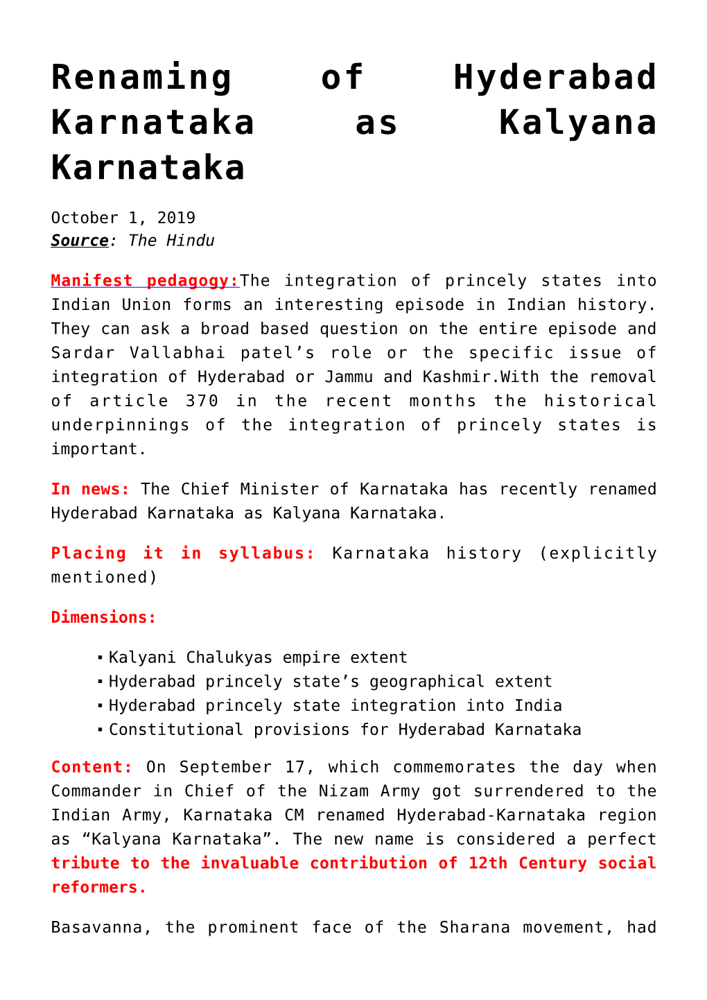 Renaming of Hyderabad Karnataka As Kalyana Karnataka