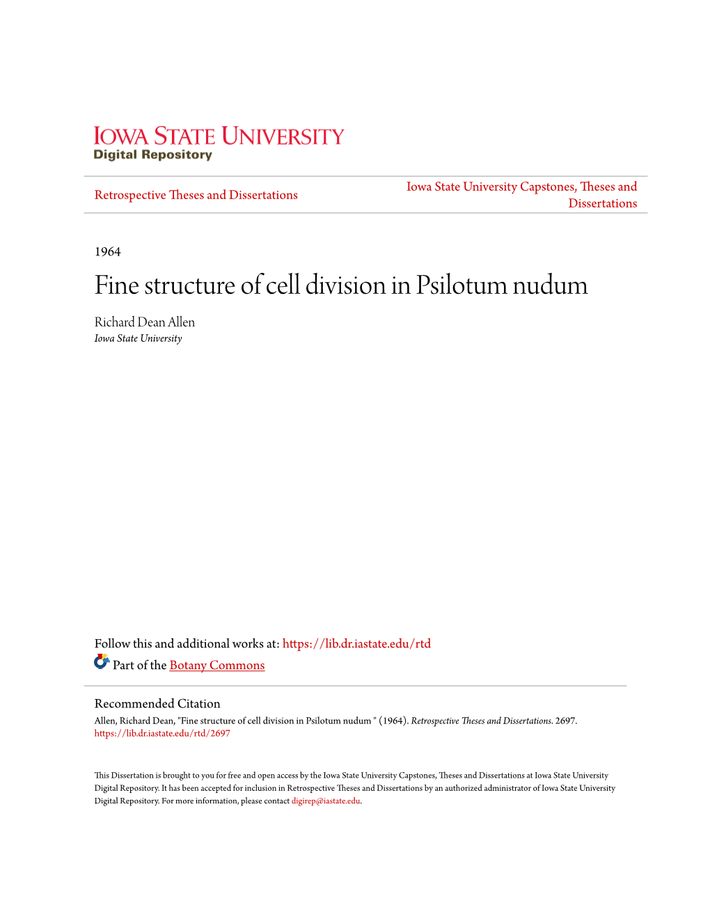 Fine Structure of Cell Division in Psilotum Nudum Richard Dean Allen Iowa State University