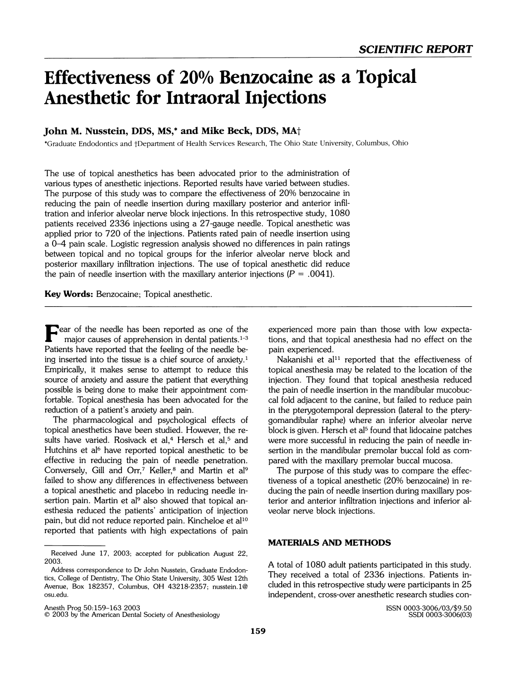 Effectiveness of 20% Benzocaine As a Topical Anesthetic for Intraoral Injections