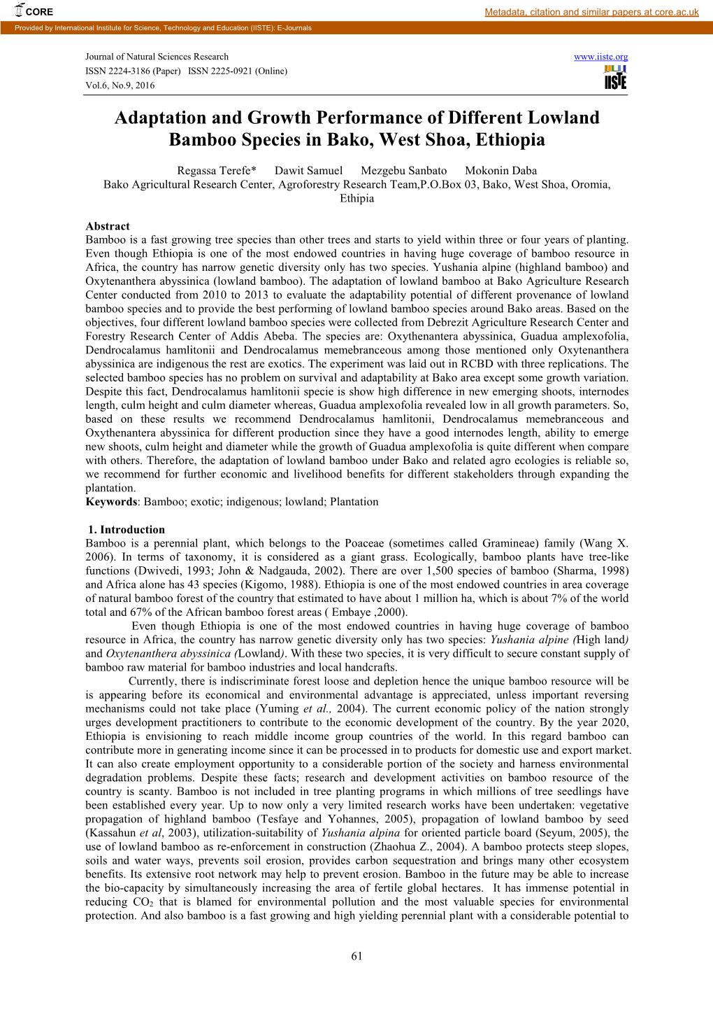 Adaptation and Growth Performance of Different Lowland Bamboo Species in Bako, West Shoa, Ethiopia