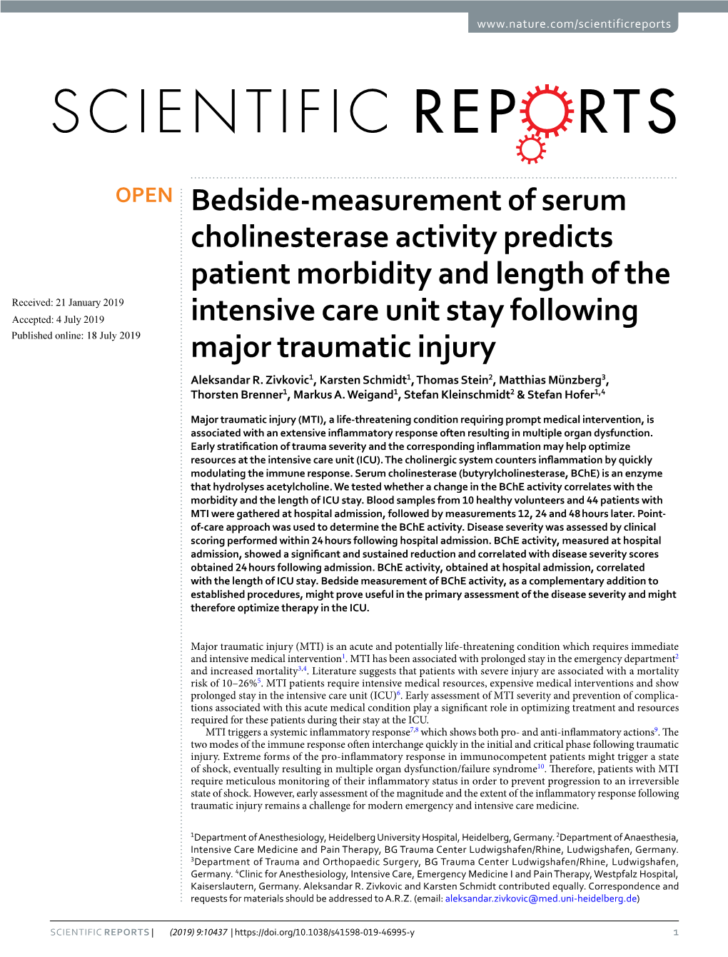 Bedside-Measurement of Serum Cholinesterase Activity Predicts