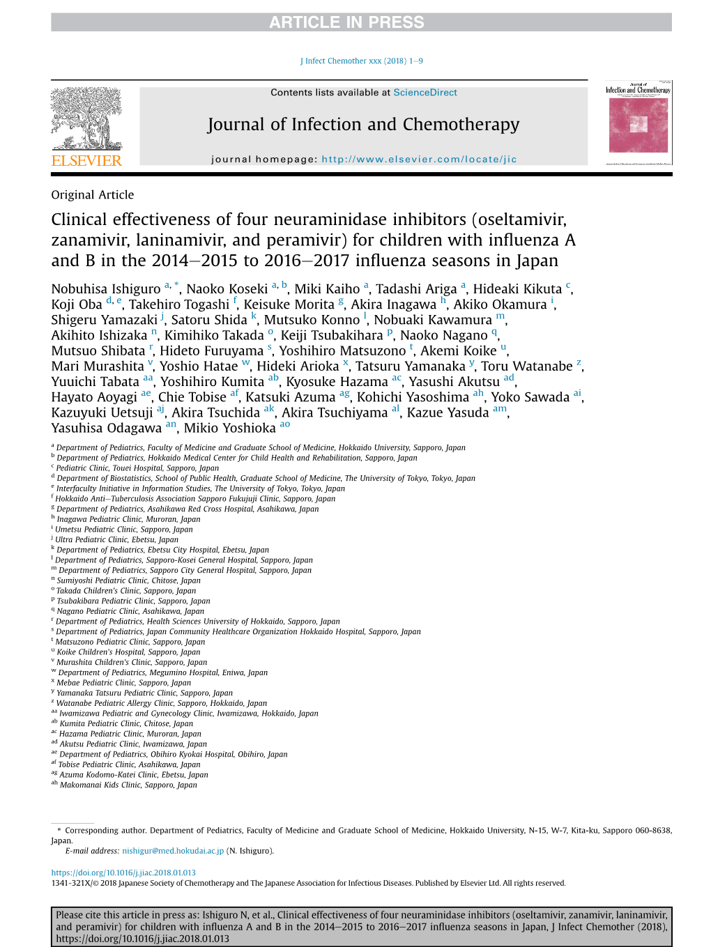 (Oseltamivir, Zanamivir, Laninamivir, and Peramivir) for Children with Inﬂuenza a and B in the 2014E2015 to 2016E2017 Inﬂuenza Seasons in Japan