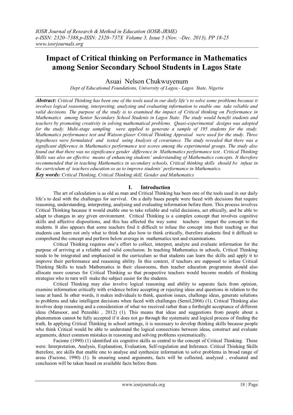 Impact of Critical Thinking on Performance in Mathematics Among Senior Secondary School Students in Lagos State