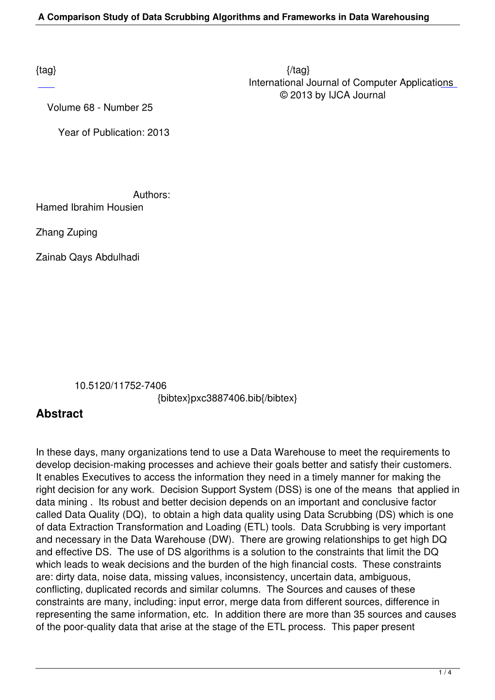 A Comparison Study of Data Scrubbing Algorithms and Frameworks in Data Warehousing