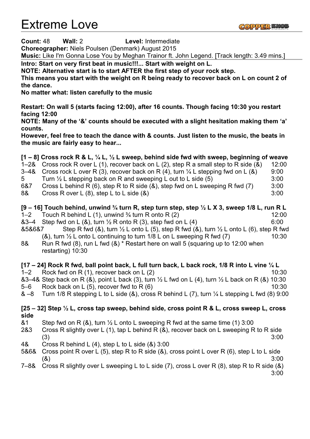 Copperknob - Linedance Stepsheets - Extreme Love