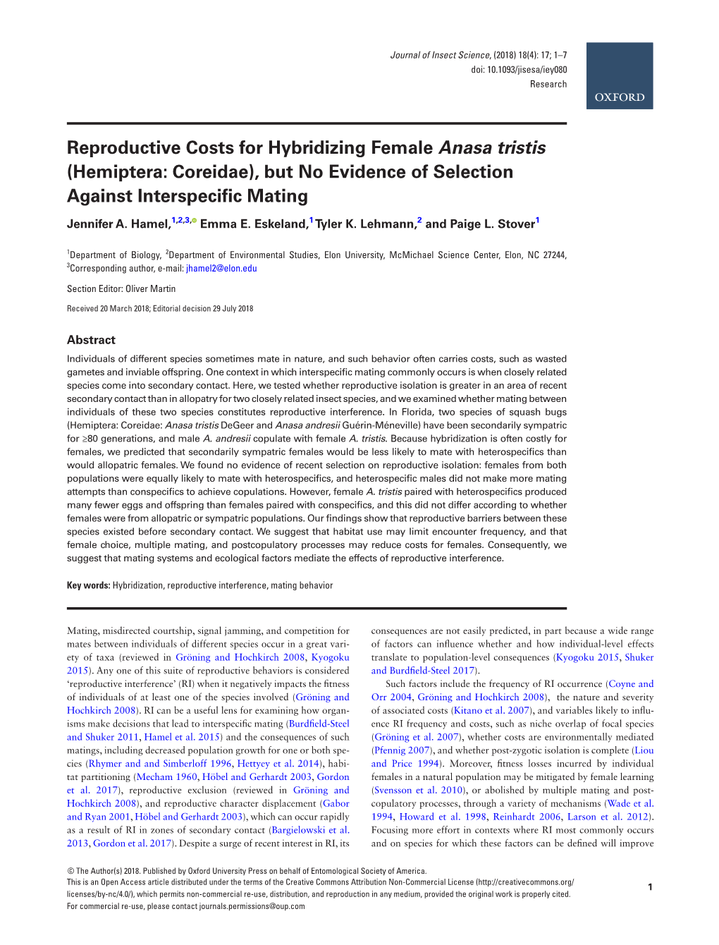 Reproductive Costs for Hybridizing Female Anasa Tristis (Hemiptera: Coreidae), but No Evidence of Selection Against Interspecific Mating