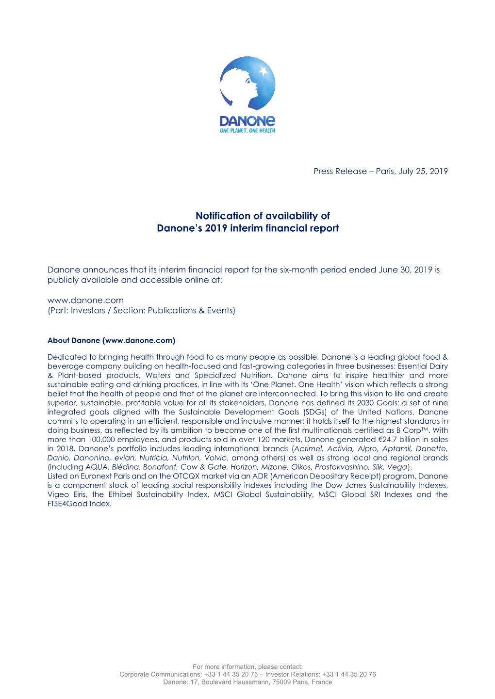 Notification of Availability of Danone's 2019 Interim Financial Report