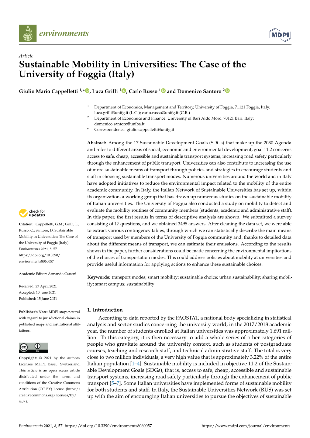 Sustainable Mobility in Universities: the Case of the University of Foggia (Italy)