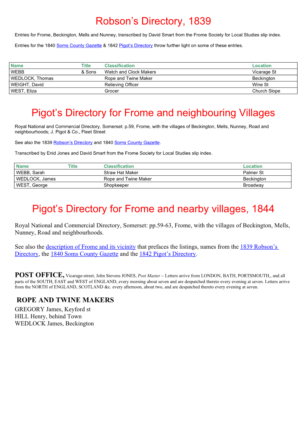 Robson's Directory, 1839 Pigot's Directory for Frome And