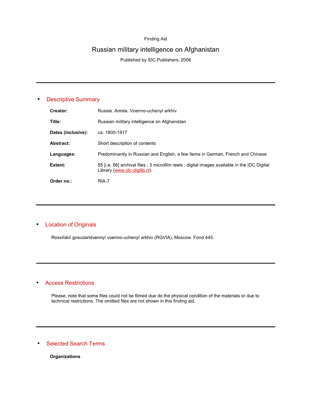 Russian Military Intelligence on Afghanistan Published by IDC Publishers, 2006