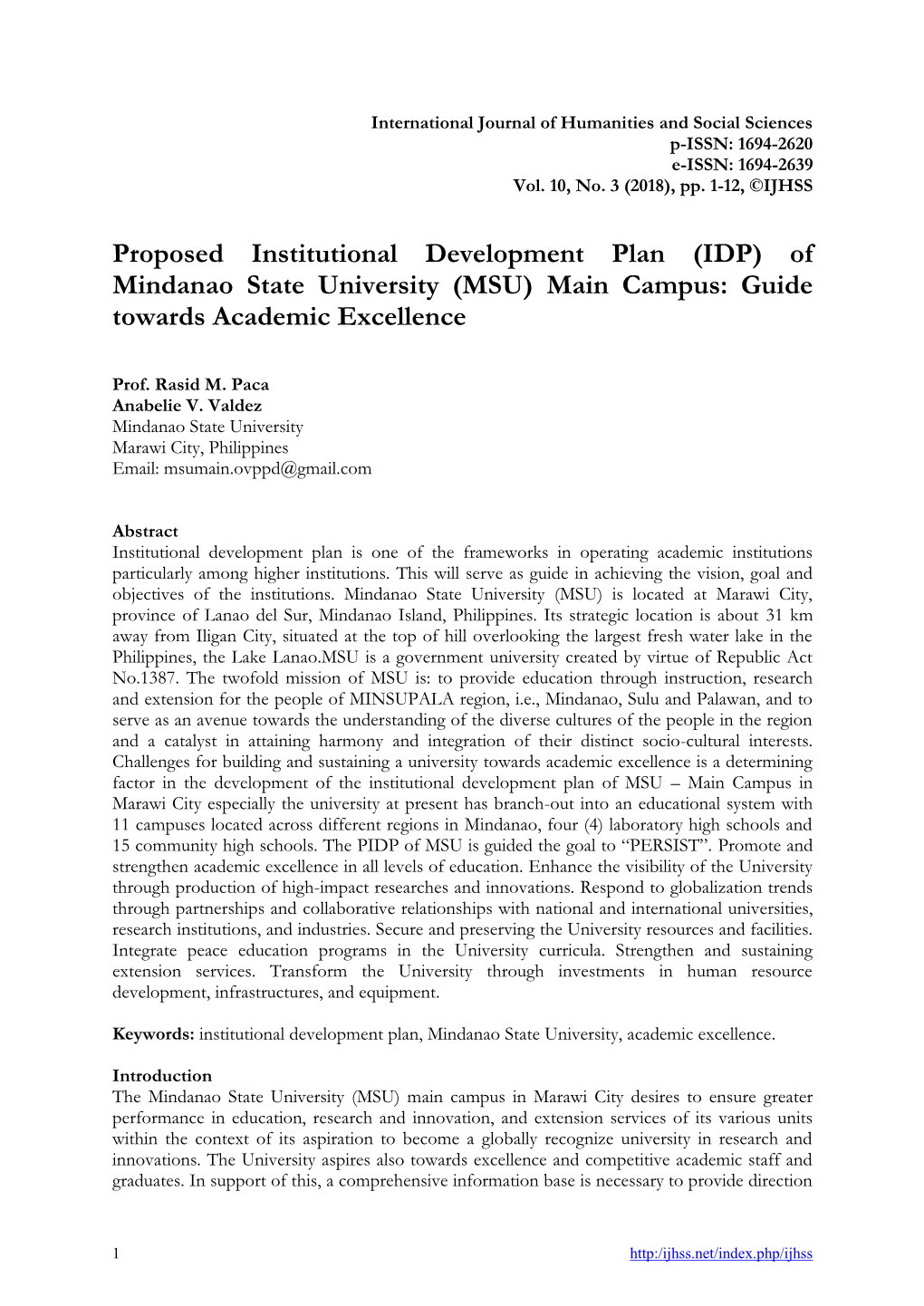 (IDP) of Mindanao State University (MSU) Main Campus: Guide Towards Academic Excellence