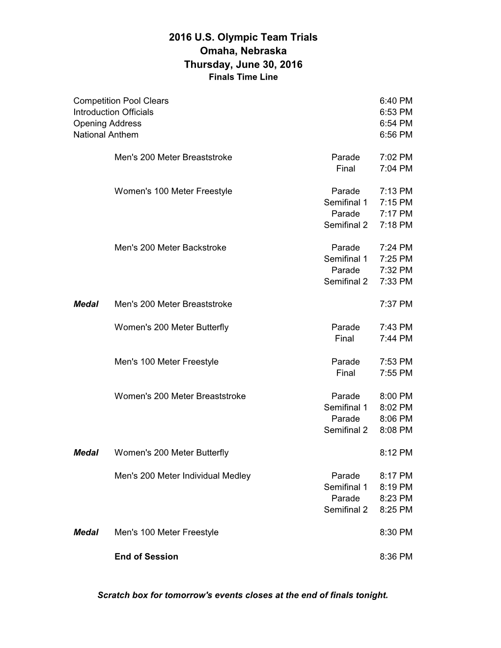 2016 U.S. Olympic Team Trials Omaha, Nebraska Thursday, June 30, 2016 Finals Time Line