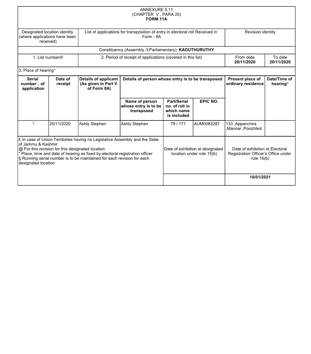 FORM 11A Designated Location Identity