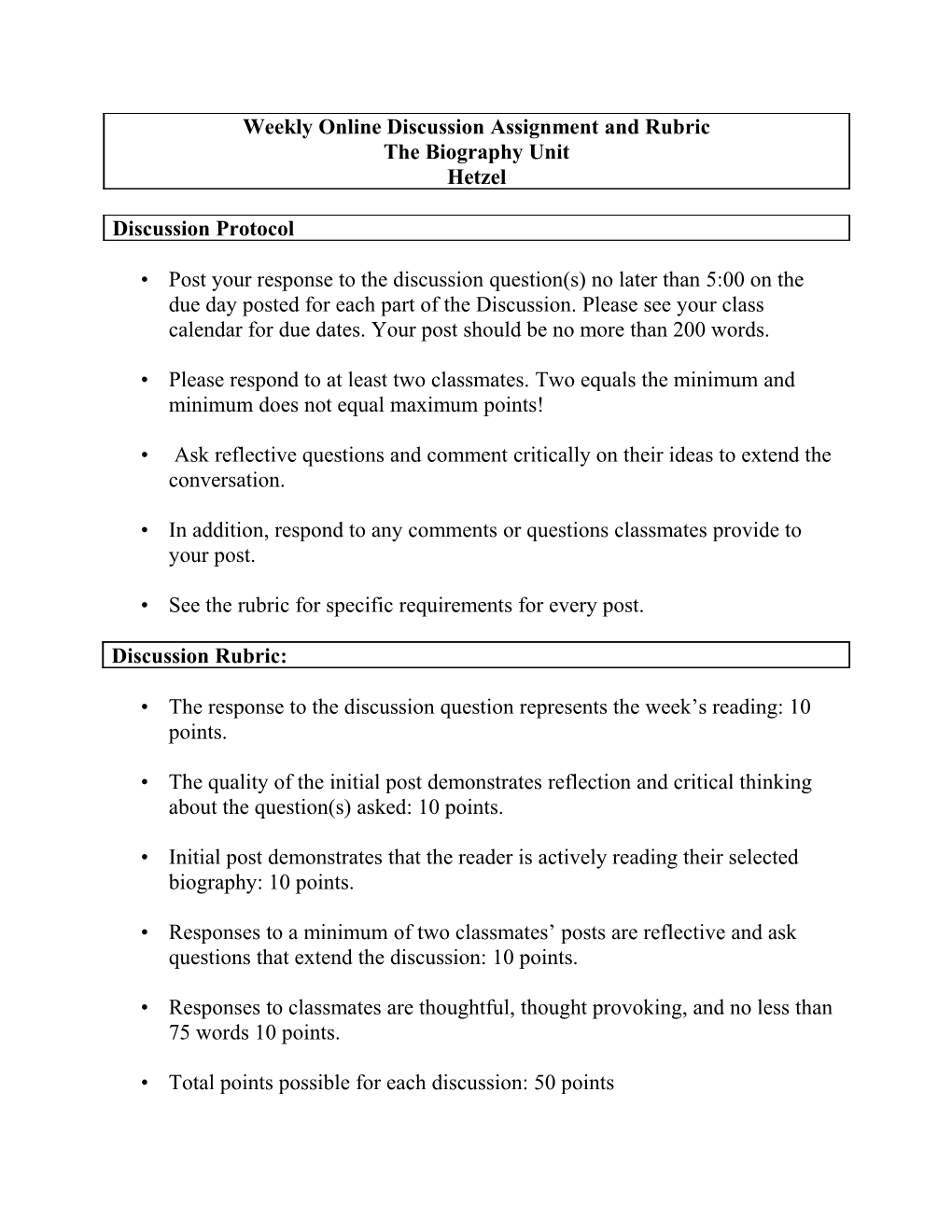 Weekly Online Discussion Assignment and Rubric