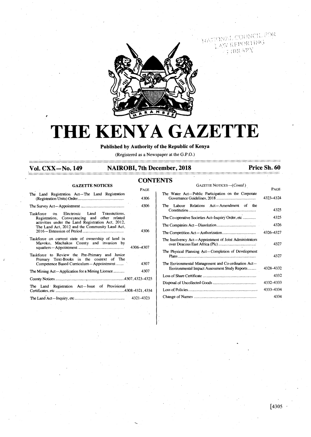 THE KENYA GAZETTE Published by Authority of the Republic of Kenya (Registered As a Newspaper at the G.P.O.) � Vol