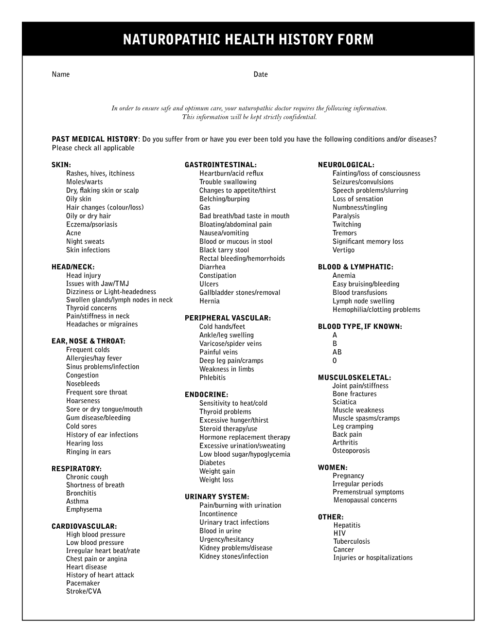 Naturopathic Health History Form