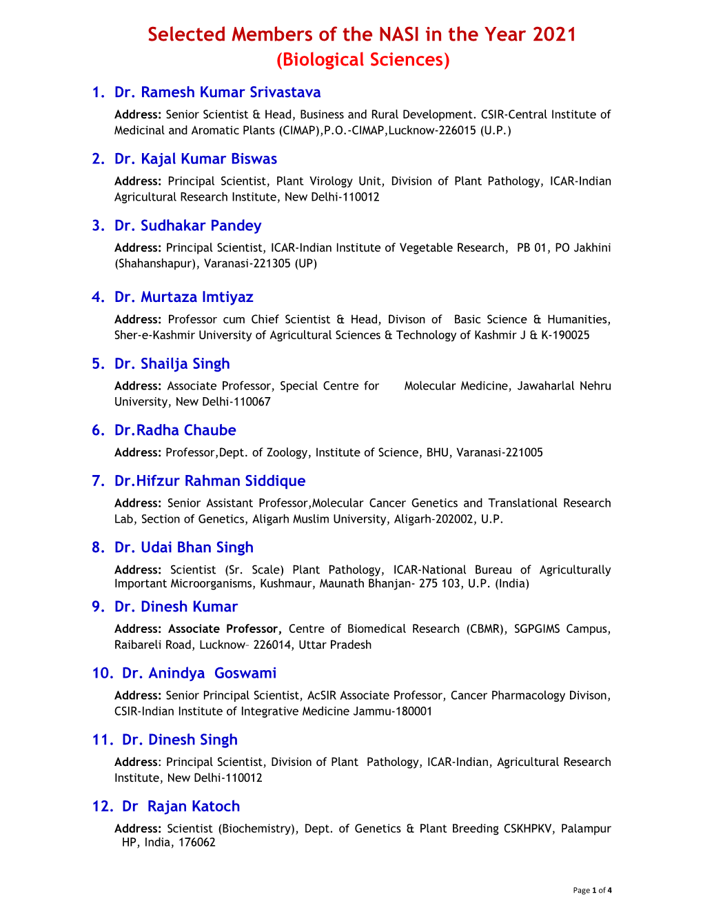 Selected Members of the NASI in the Year 2021 (Biological Sciences)