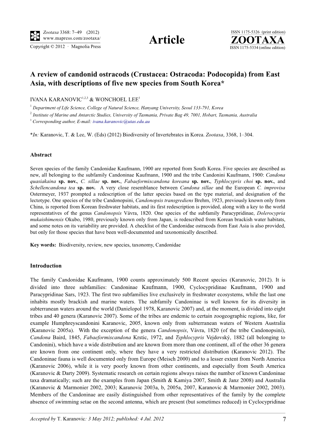 Crustacea: Ostracoda: Podocopida) from East Asia, with Descriptions of Five New Species from South Korea*