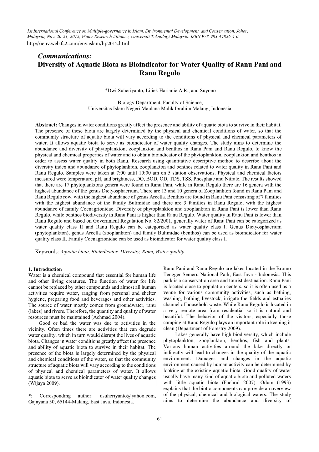 Communications: Diversity of Aquatic Biota As Bioindicator for Water Quality of Ranu Pani and Ranu Regulo