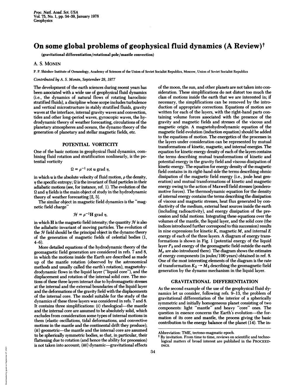 On Some Global Problems of Geophysical Fluid Dynamics (A Review)T (Gravitational Differentiation/Rotational Pole/Mantle Convection) A