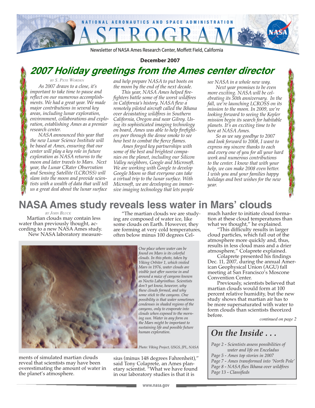 2007 Holiday Greetings from the Ames Center Director NASA Ames Study