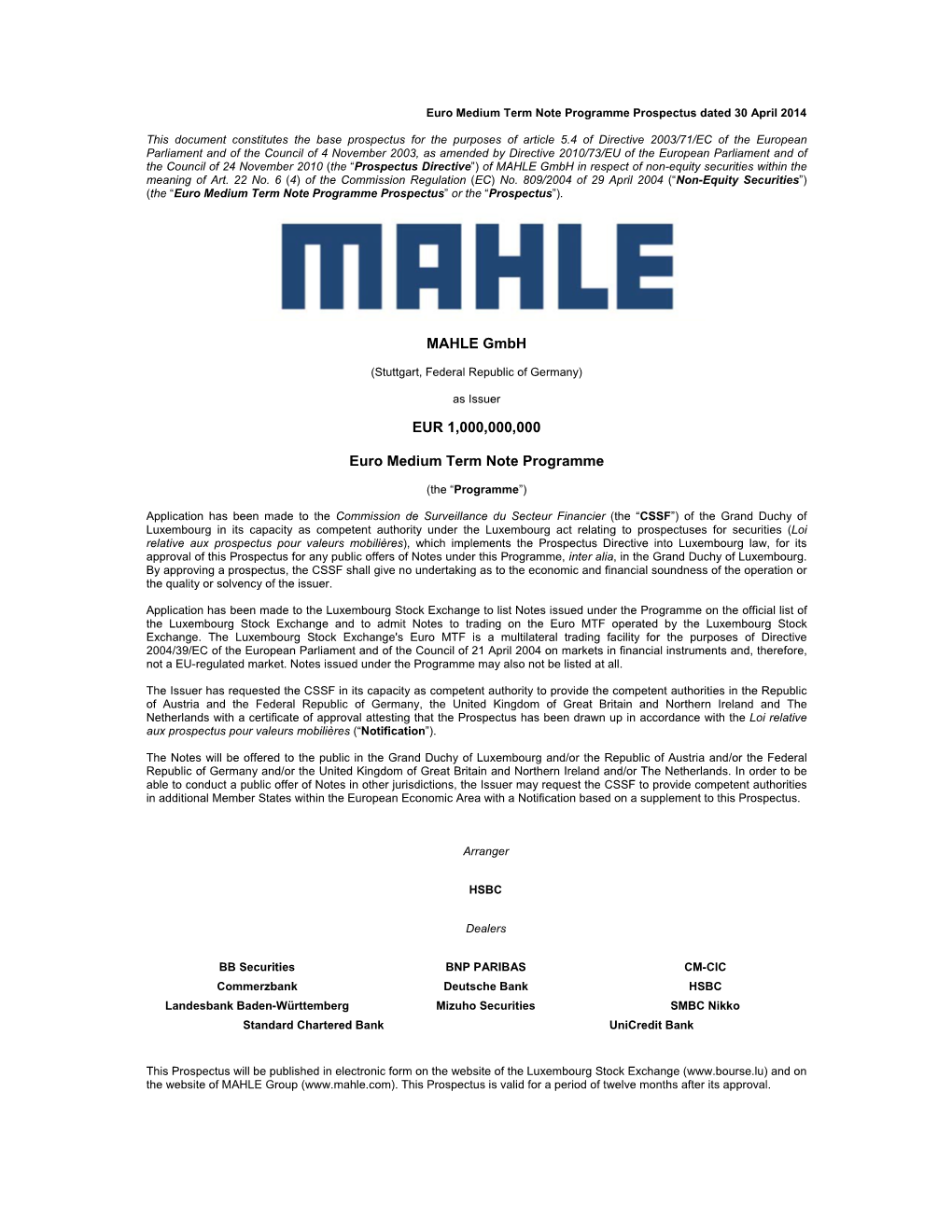 MAHLE Gmbh EUR 1,000,000,000 Euro Medium Term Note Programme