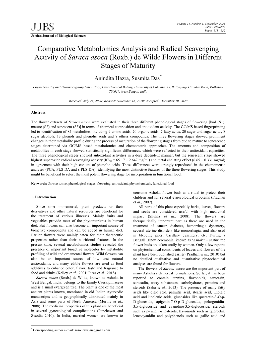 Comparative Metabolomics Analysis and Radical Scavenging Activity of Saraca Asoca (Roxb.) De Wilde Flowers in Different Stages of Maturity