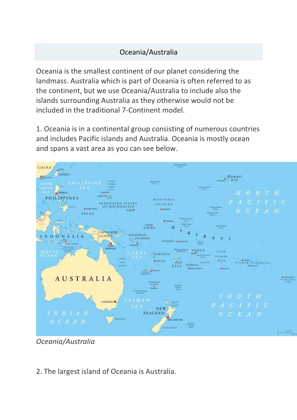 Oceania/Australia Oceania Is the Smallest Continent of Our Planet