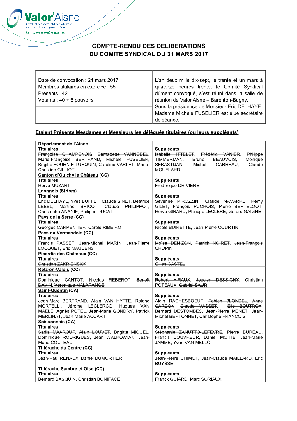 Compte-Rendu Des Délibérations 31 Mars 2017