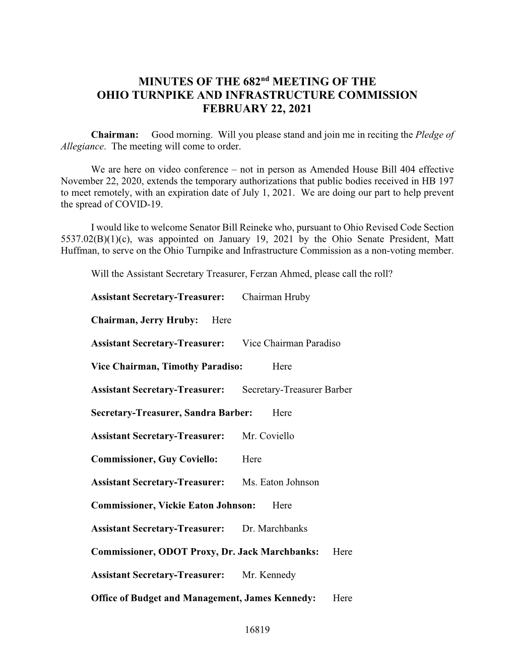 MINUTES of the 682Nd MEETING of the OHIO TURNPIKE and INFRASTRUCTURE COMMISSION FEBRUARY 22, 2021