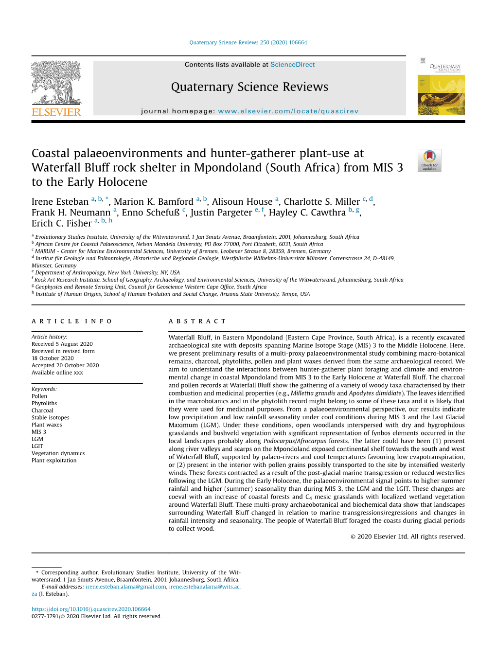 South Africa) from MIS 3 to the Early Holocene