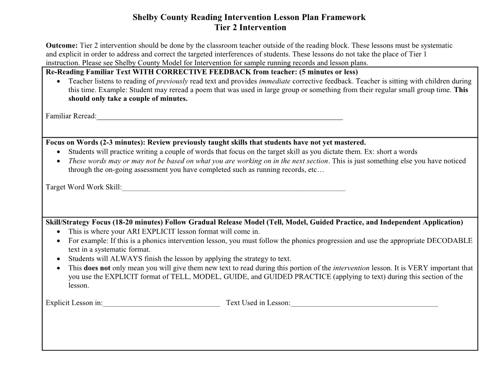 Shelby County Reading Intervention Lesson Plan Framework