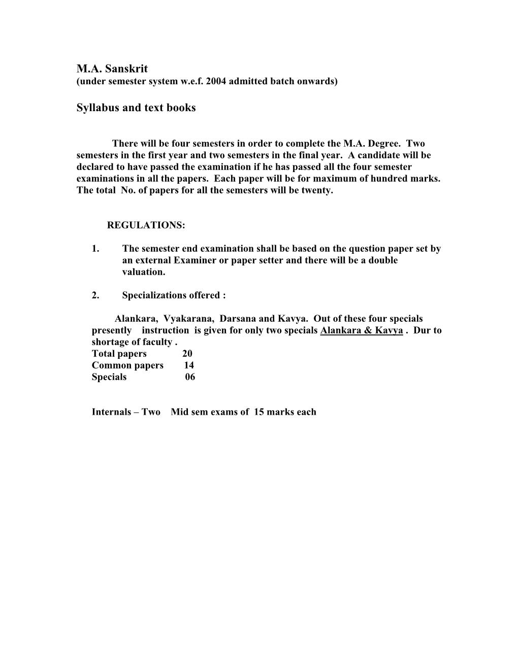 M.A. Sanskrit Syllabus and Text Books