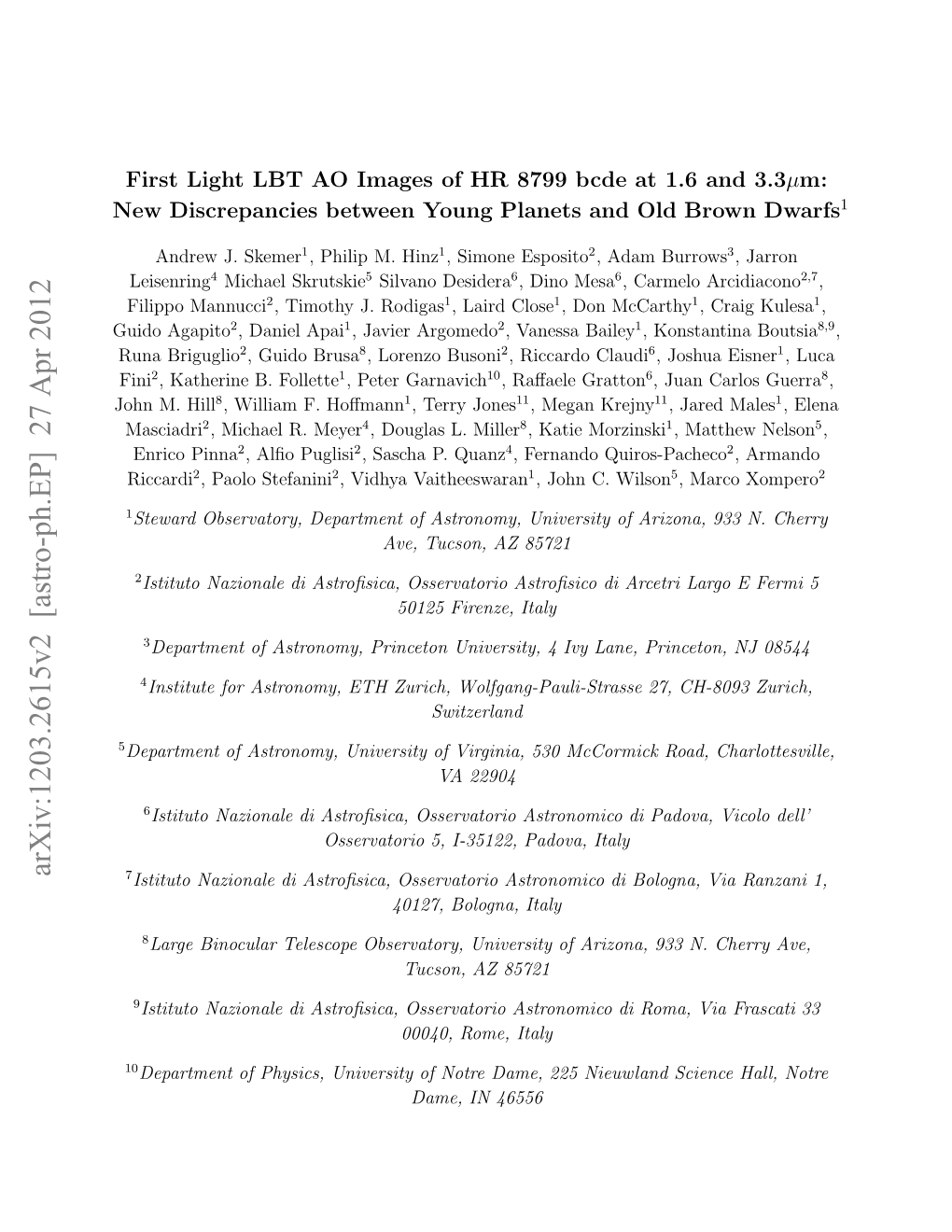 Arxiv:1203.2615V2 [Astro-Ph.EP] 27 Apr 2012 Ud Agapito Guido E Iceace Ewe on Lnt N L Rw Dwarf Brown Old and Planets Young Between Discrepancies New Onm Hill M