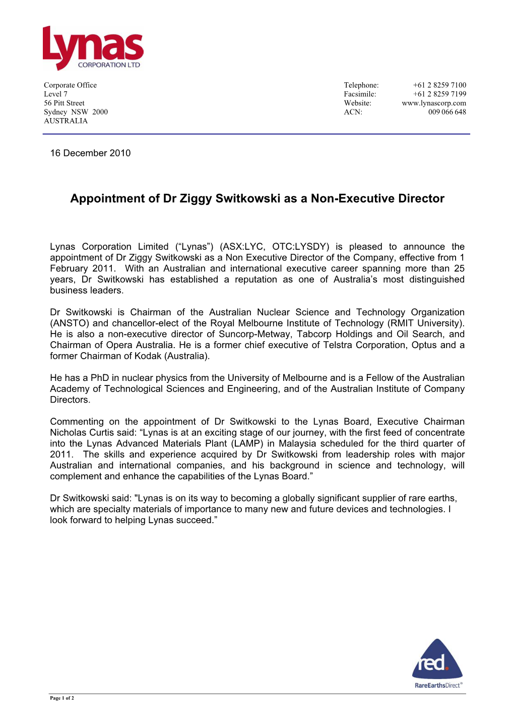 Appointment of Dr Ziggy Switkowski As a Non-Executive Director