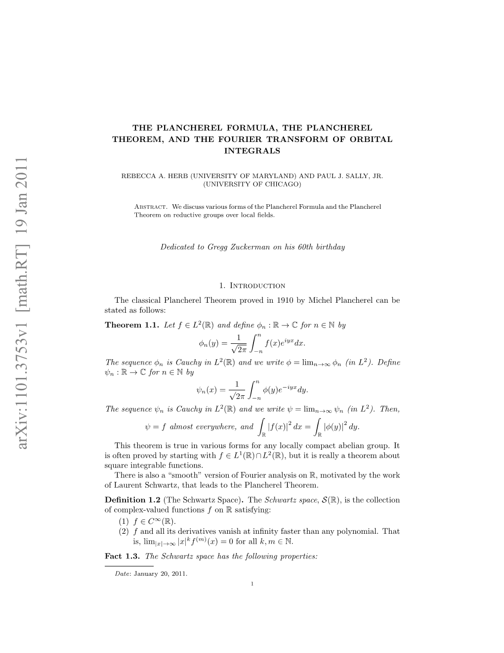 Arxiv:1101.3753V1 [Math.RT] 19 Jan 2011 Fcmlxvle Functions Complex-Valued of Sotnpoe Ysatn with Starting by Proved Often Is Qaeitgal Functions