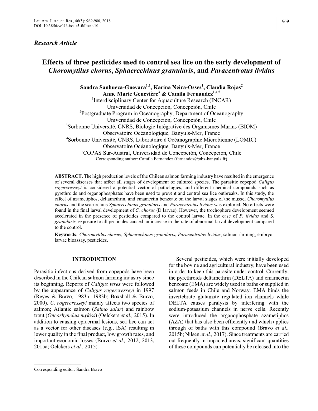 Effects of Three Pesticides Used to Control Sea Lice on the Early Development of Choromytilus Chorus, Sphaerechinus Granularis, and Paracentrotus Lividus