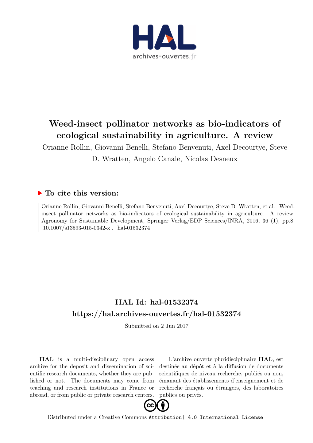 Weed-Insect Pollinator Networks As Bio-Indicators of Ecological Sustainability in Agriculture