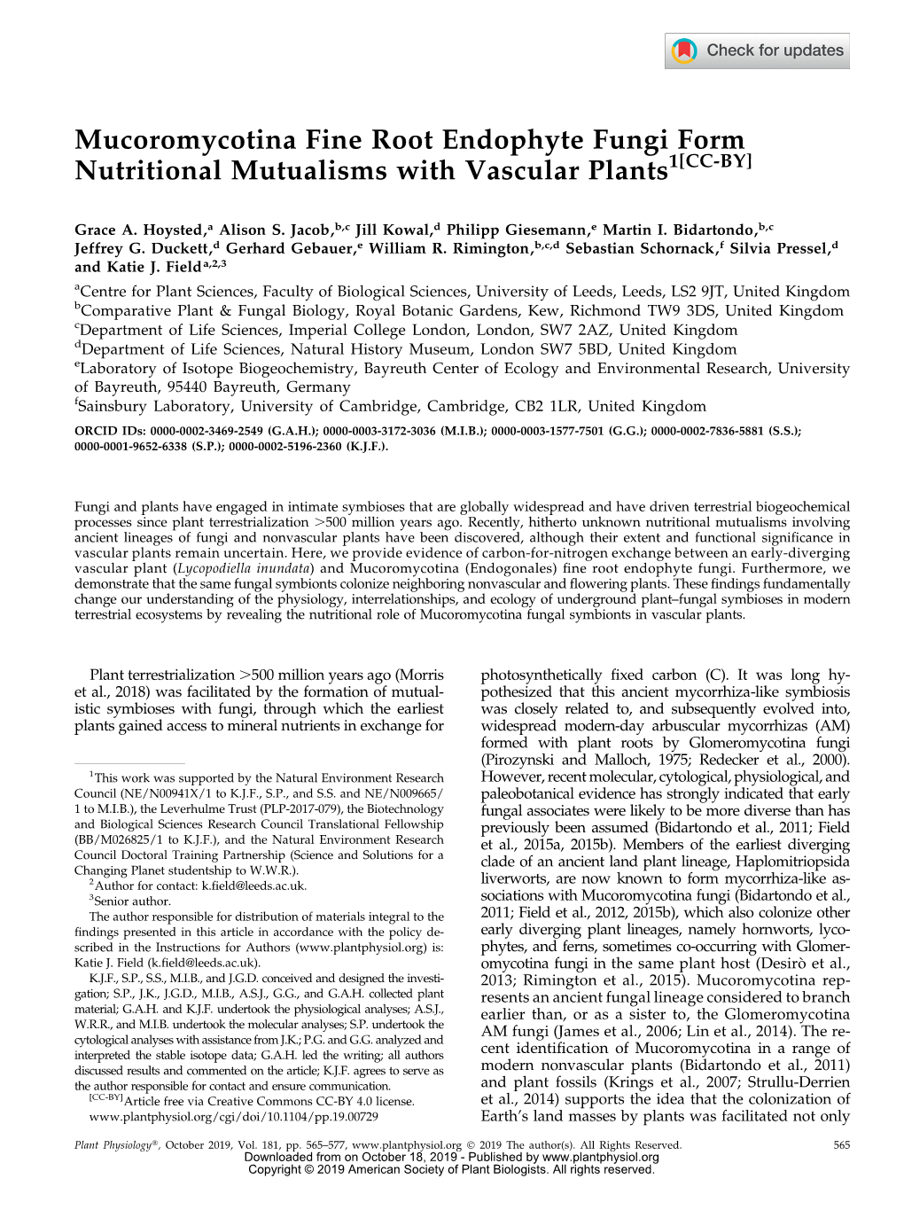 Mucoromycotina Fine Root Endophyte Fungi Form Nutritional Mutualisms with Vascular Plants1[CC-BY]