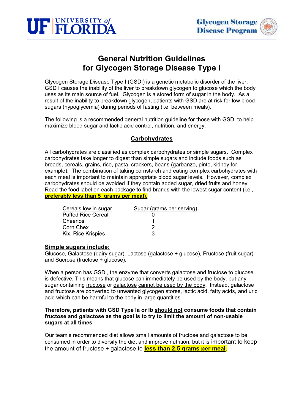 General Nutrition Guidelines for Glycogen Storage Disease Type I