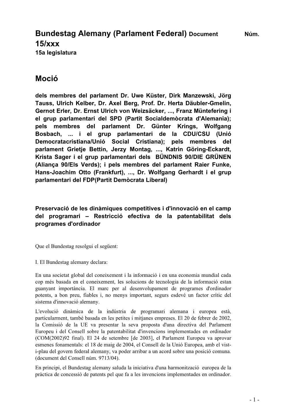 Bundestag Alemany (Parlament Federal) Document Núm