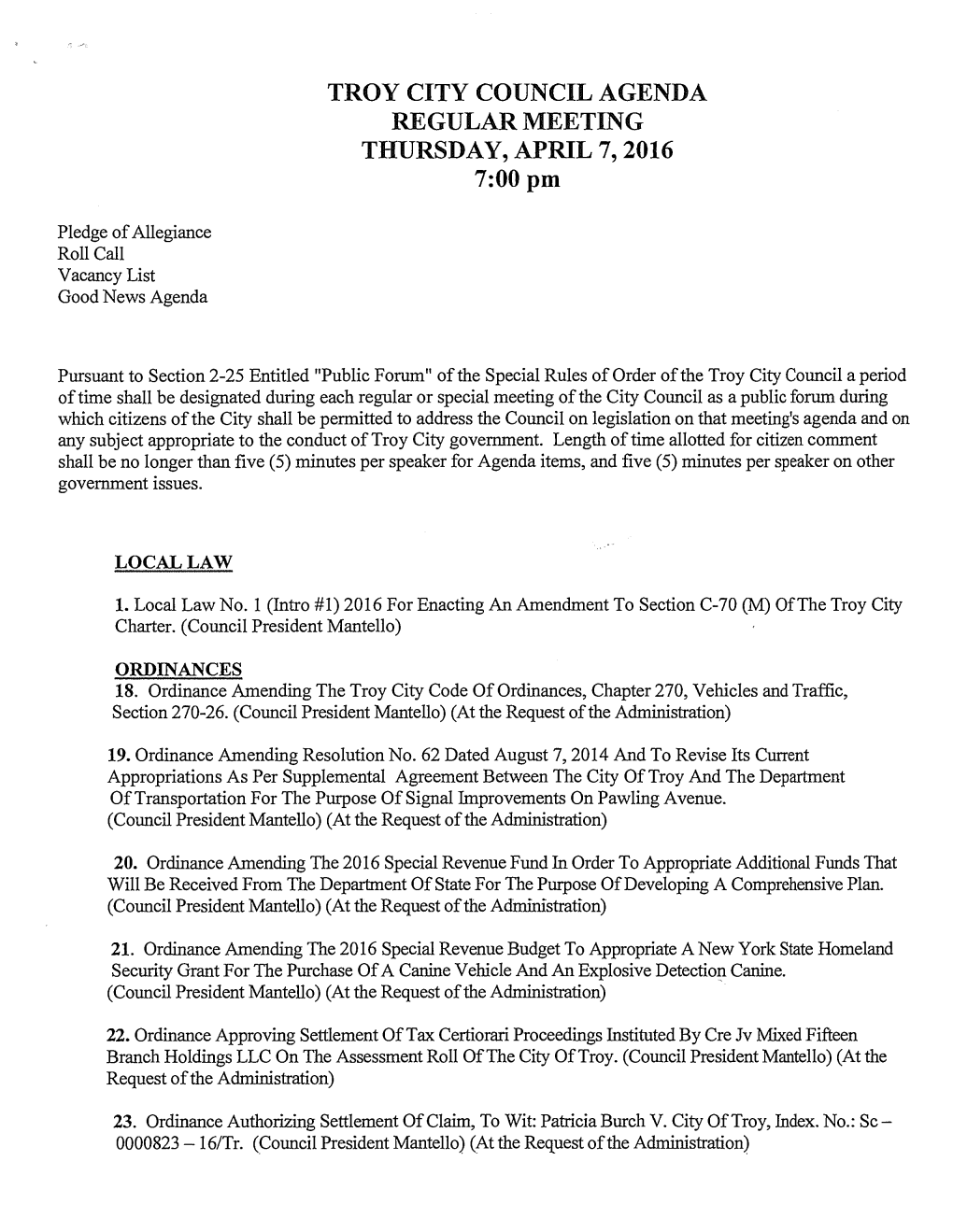 TROY CITY COUNCIL AGENDA REGULAR MEETING THURSDAY, APRIL 7, 2016 7:00Pm