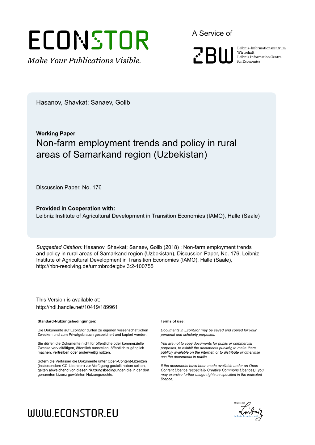 Non-Farm Employment Trends and Policy in Rural Areas of Samarkand Region (Uzbekistan)