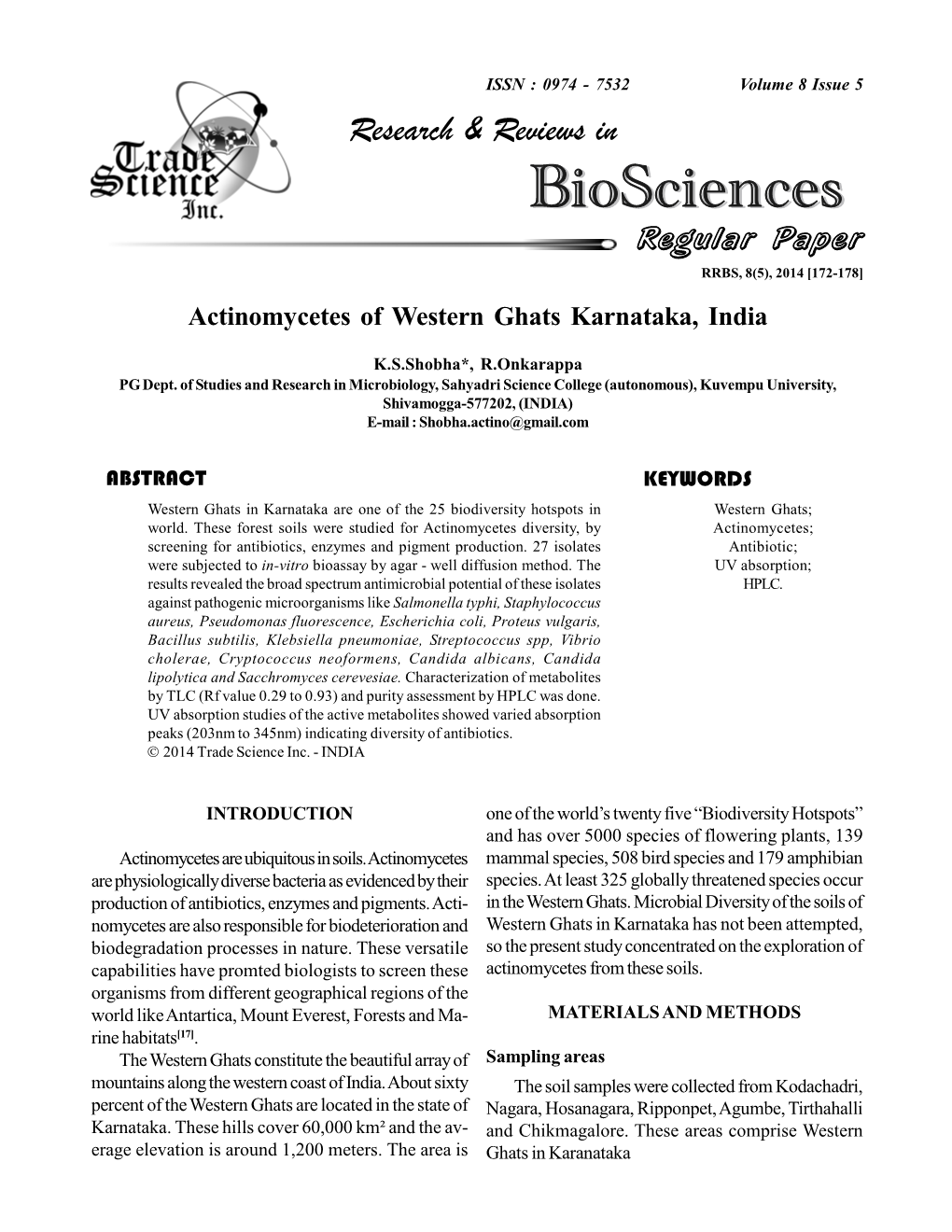 Actinomycetes of Western Ghats Karnataka, India