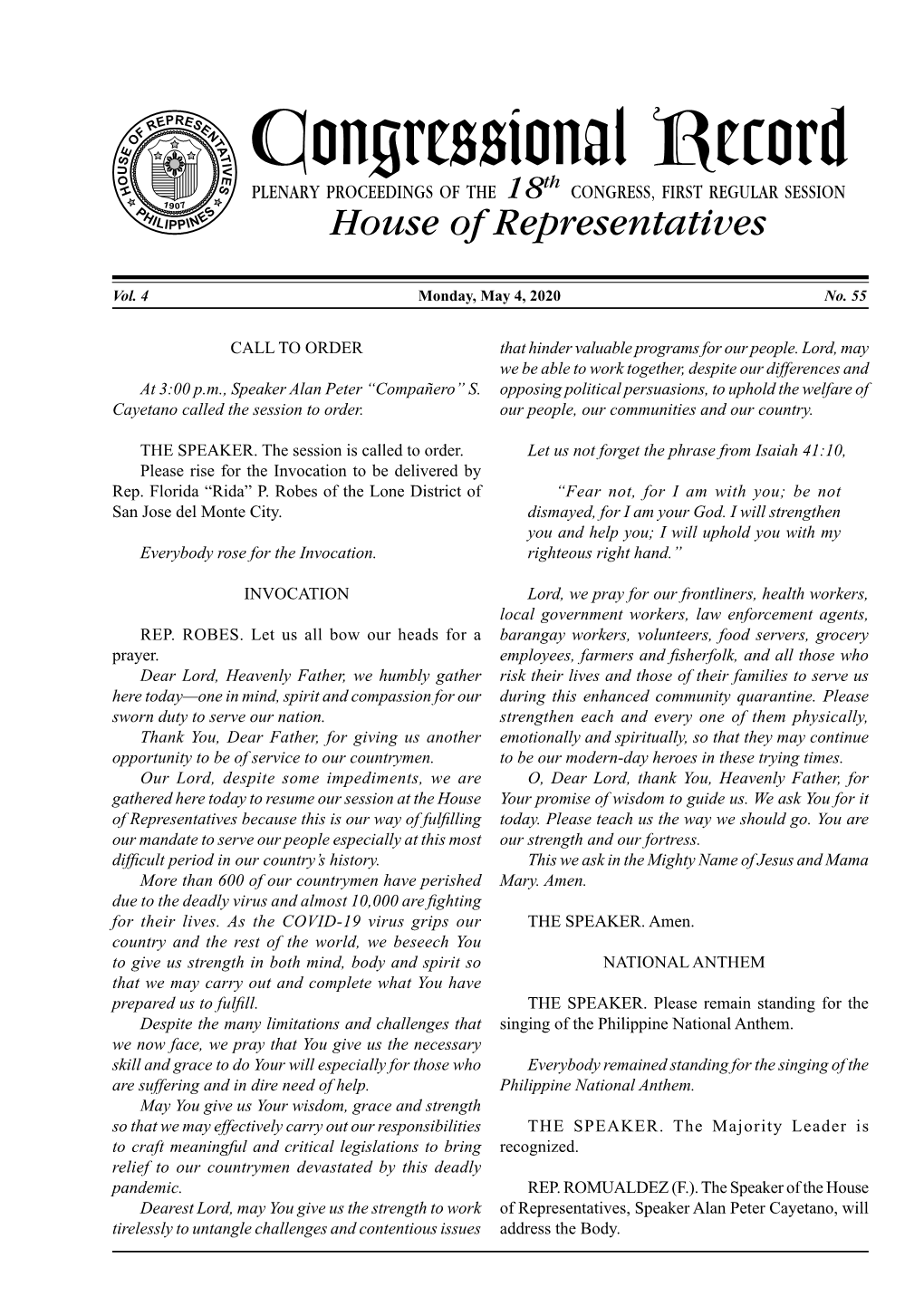 Congressional Record O H Th PLENARY PROCEEDINGS of the 18 CONGRESS, FIRST REGULAR SESSION 1 P 907 H S ILIPPINE House of Representatives