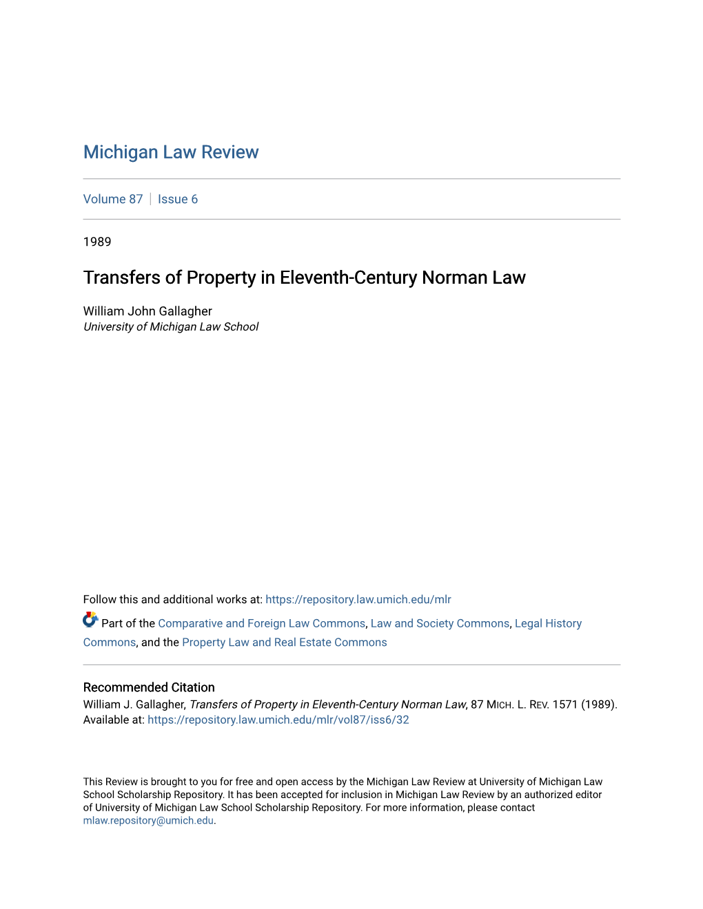 Transfers of Property in Eleventh-Century Norman Law