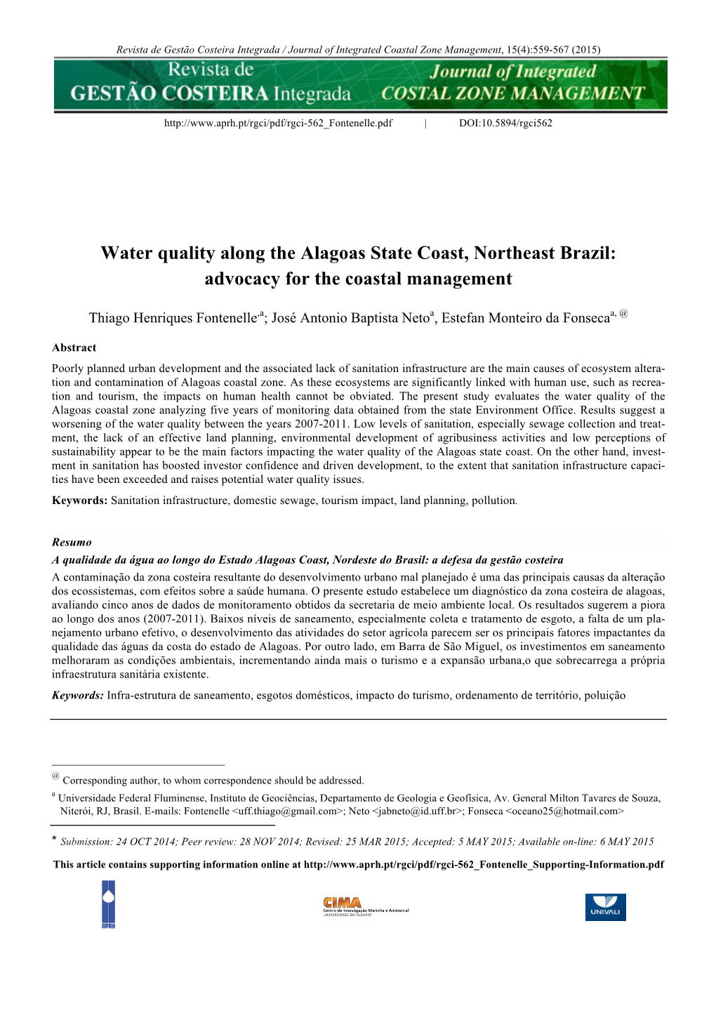 Water Quality Along the Alagoas State Coast, Northeast Brazil: Advocacy