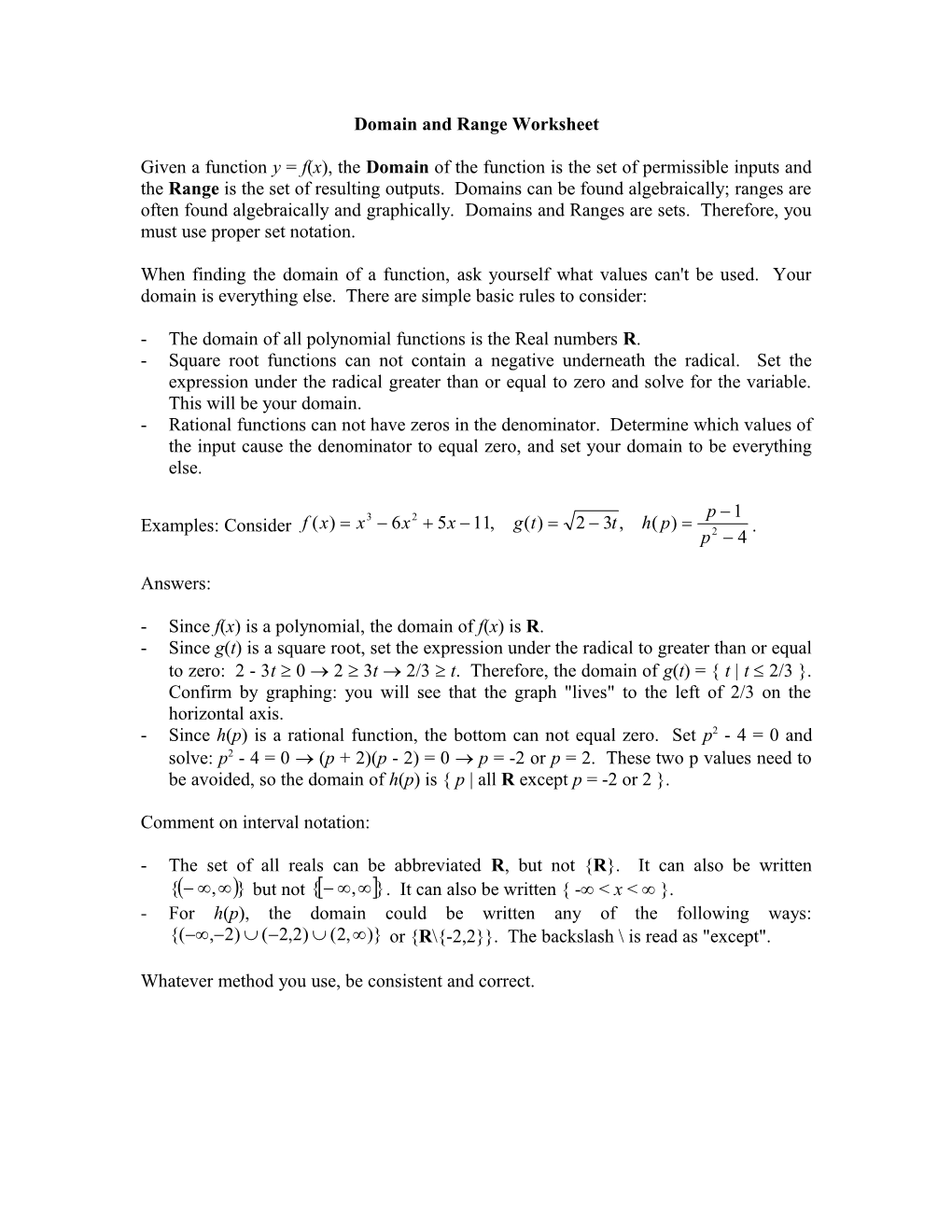 Domain and Range Worksheet s1